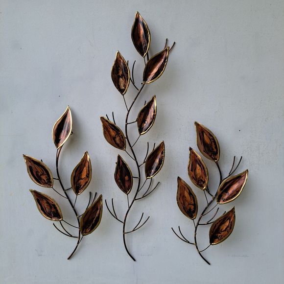 Copper & Brass Seven Leaves on a Branch  & 2 Five Leaf Branches Wall Sculpture - Picture 1 of 16
